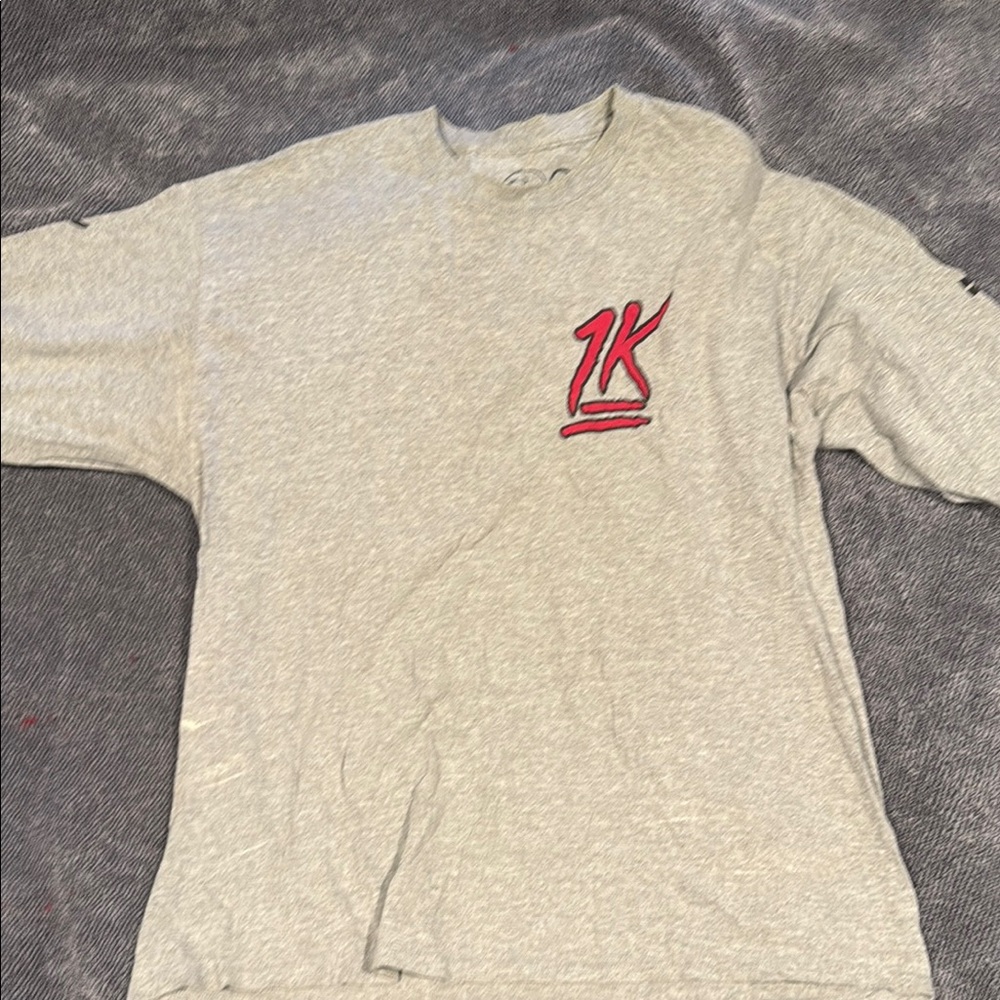 Gray Long Sleeve Shirt with Red and Black Logo